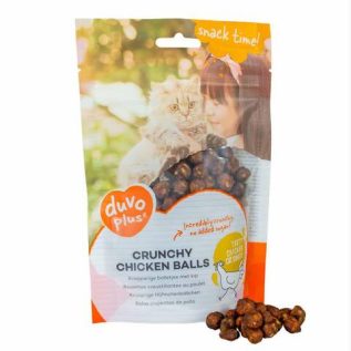 Duvo Plus Crunchy Chicken Balls Cat Snack 50gm package.Close-up of crispy chicken balls cat treats, showing the crunchy texture.Back of Duvo Plus 50g packaging highlighting taurine and no added sugar benefits.Happy cat chewing a crunchy chicken ball reward for dental health.