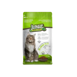 Jungle Adult Dry Cat Food Chicken & Fish 1.5kg bag, providing complete and balanced nutrition.Close-up shot of the Jungle dry cat food kibble showing the chicken and fish recipe with high protein.A healthy, adult cat with a shiny coat happily eating a bowl of Jungle Chicken & Fish dry food.Diagram showing the benefits of Jungle cat food, highlighting Omega-3 and Prebiotics for digestive health.