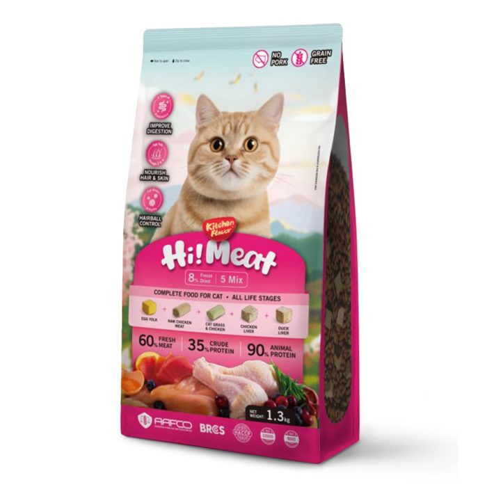 Hi Meat Kitchen Flavor Cat Food 1.3kg bag standing on kitchen floor